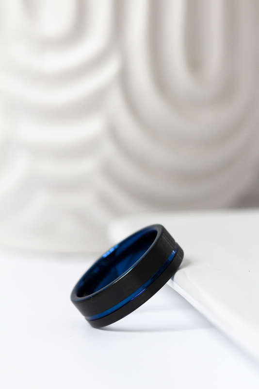 Tungsten Black+Blue Flat/Brushed Ring - 8mm