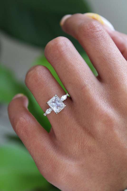 2ct Emerald Cut Moissanite Trilogy Ring