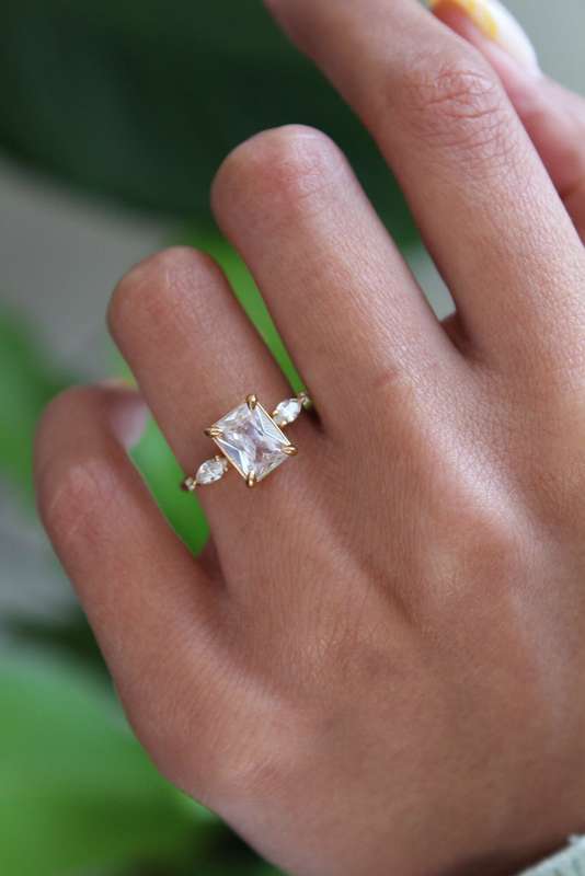 2ct Emerald Cut Moissanite Trilogy Ring