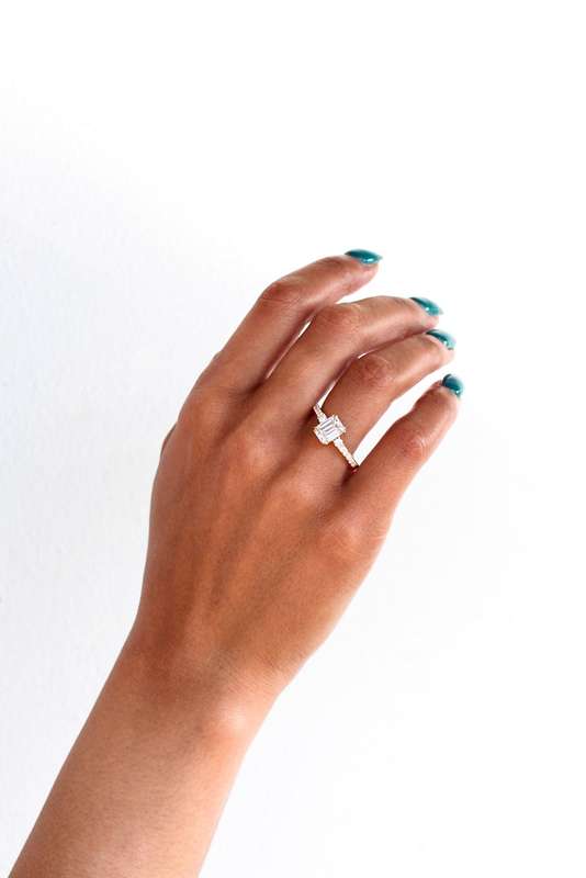 Emerald Moissanite Pavé Trilogy Engagement Ring