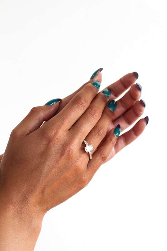 Emerald Moissanite Pavé Trilogy Engagement Ring