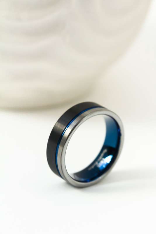 Tungsten Black and Blue Grooved Ring -8mm