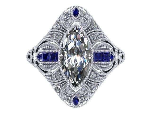 Antique Style Marquise Moissanite Ring in 9ct White Gold