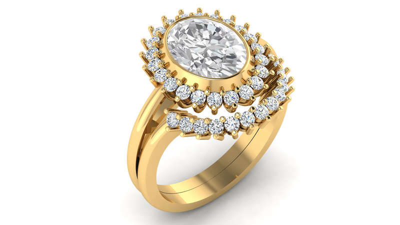 Oval Moissanite Halo and Crown Wedding Ring Set