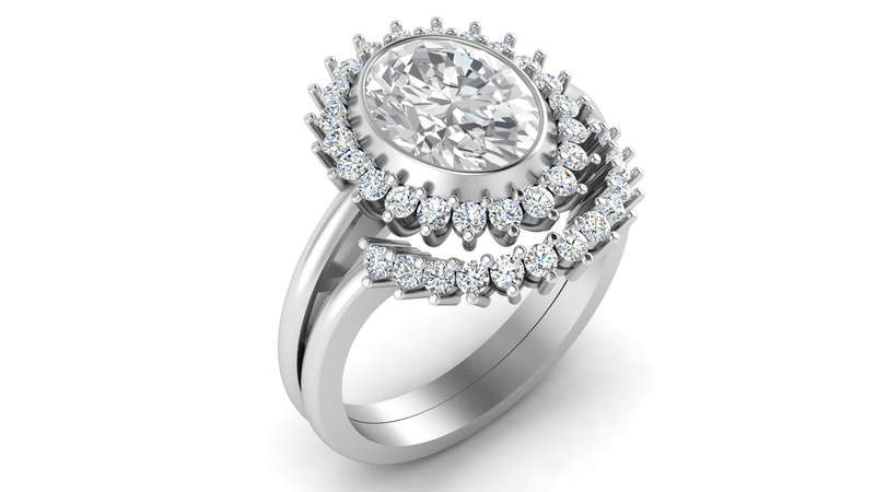 Oval Moissanite Halo and Crown Wedding Ring Set