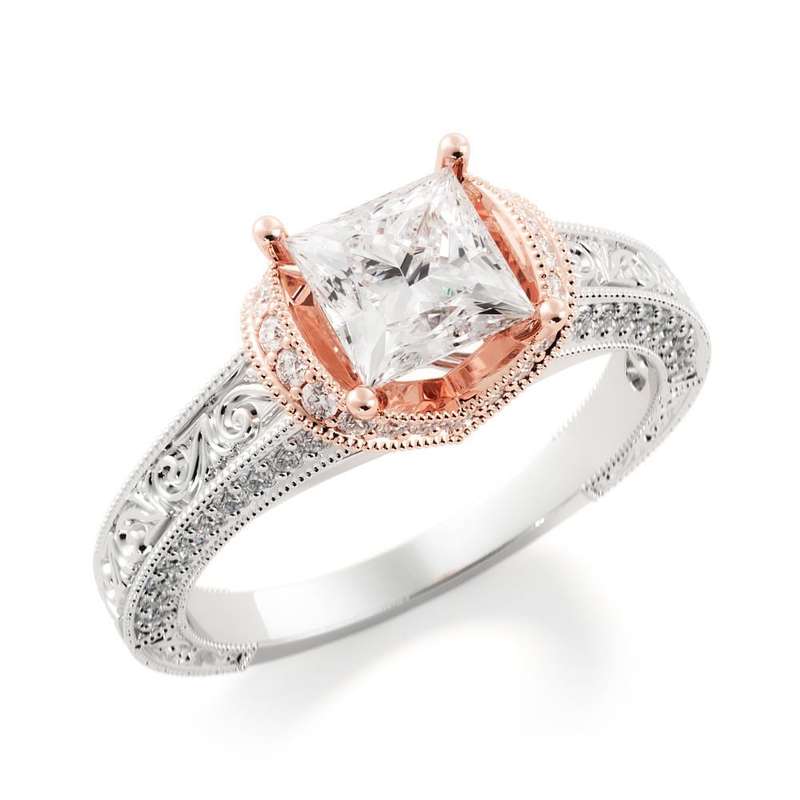 1ct Princess Cut Moissanite Vintage TwoTone Engagement Ring