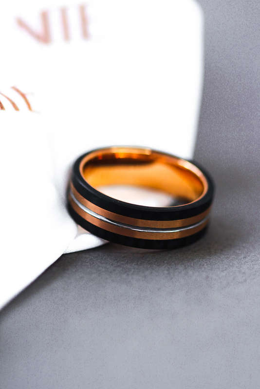 Tungsten Ring Rose Gold Plated & Carbon Fibre Edges (8mm)