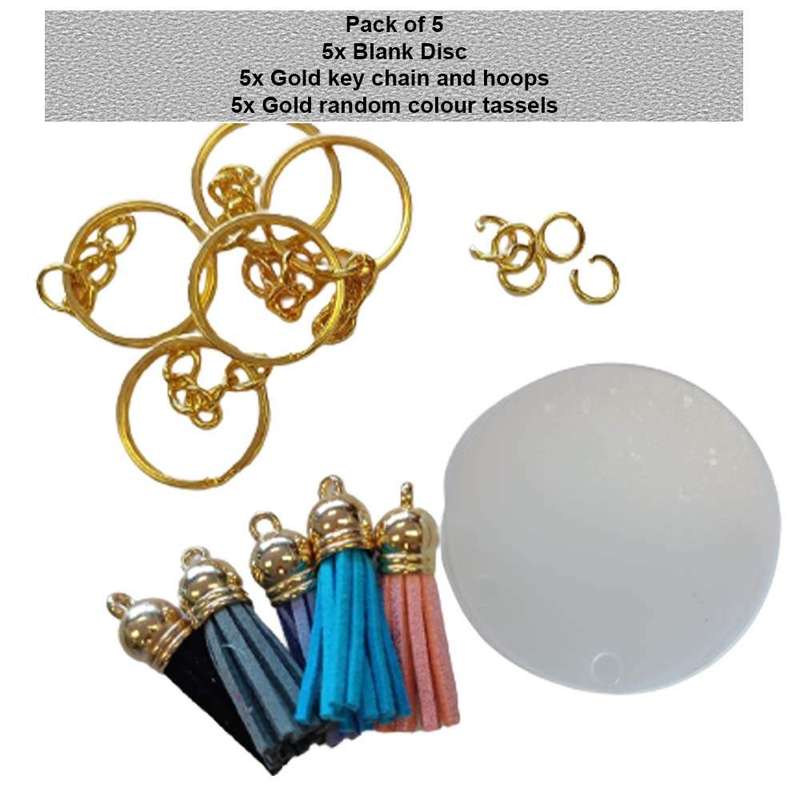 Blank Acrylic Disc Gold Key Ring Set with Tassel Set