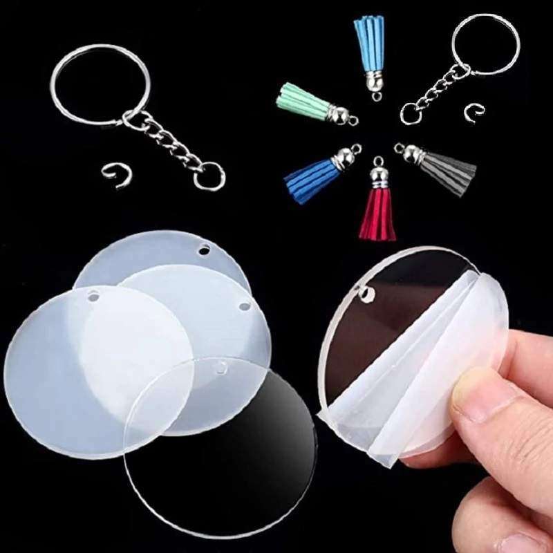 Blank Acrylic Disc Silver Key Ring Set with Tassel Set