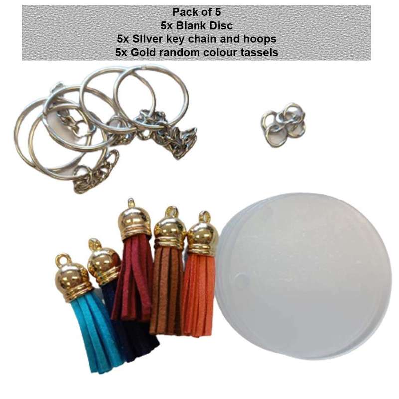 Blank Acrylic Disc Silver Key Ring Set with Tassel Set