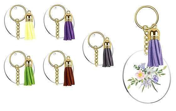 Blank Acrylic Disc Gold Key Ring Set with Tassel Set