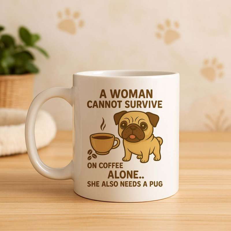 Pug Coffee Mug  A Woman Cannot Survive on Coffee Alone