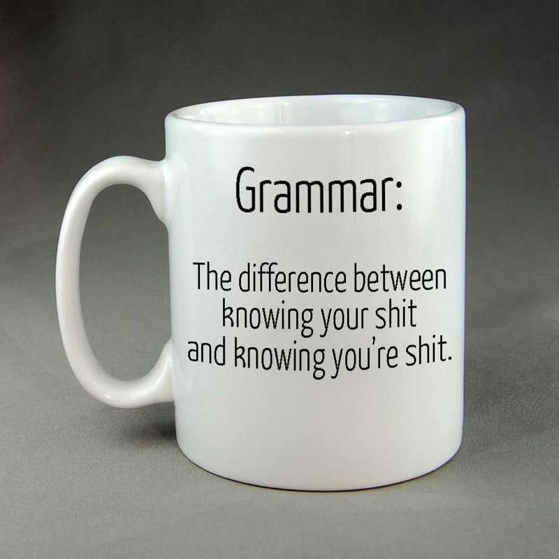 Grammar the difference between knowing your shit coffee mug