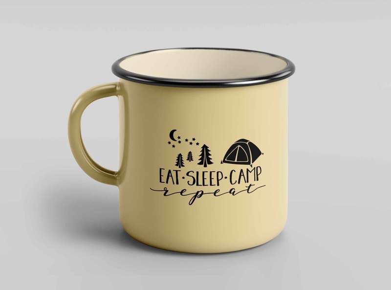 Eat sleep camp repeat enamel tin coffee mug
