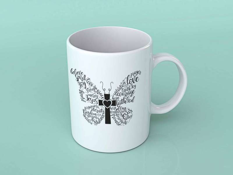 Butterfly cross white coffee mug