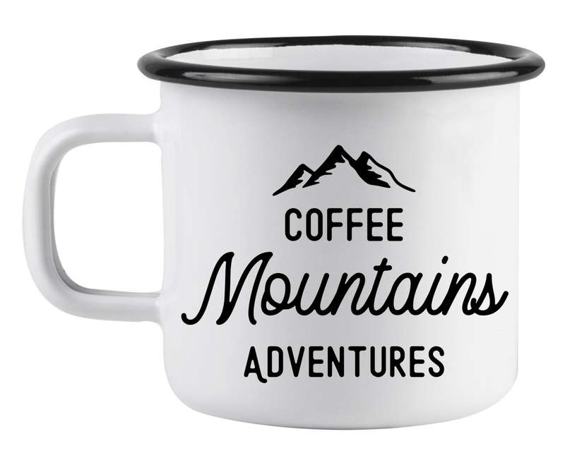 Coffee mountains adventures white enamel mug