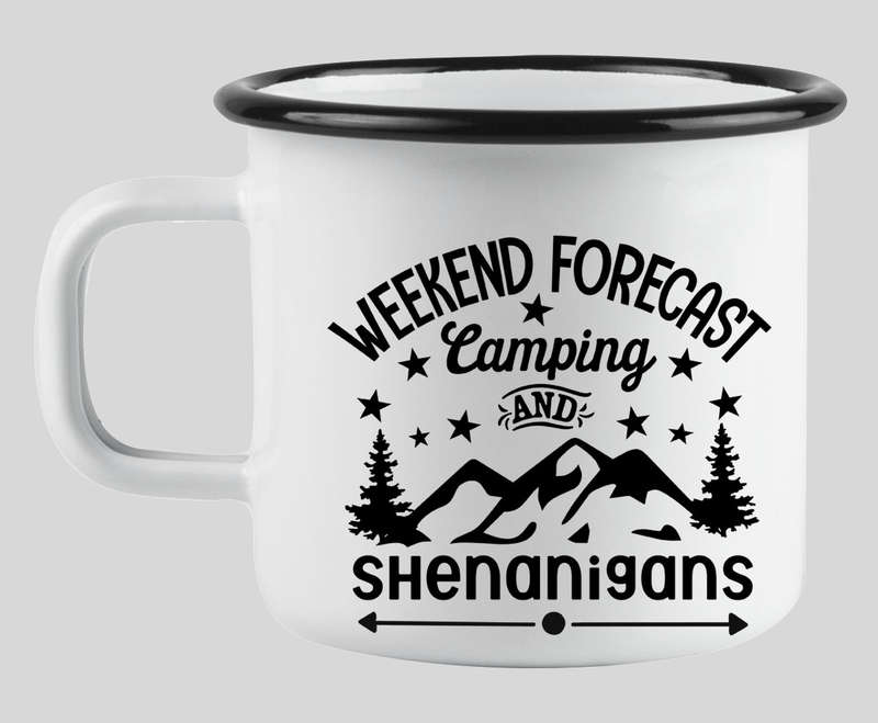 Weekend forecast camping shenanigans enamel mug