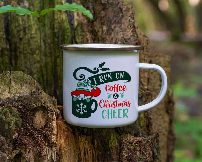 Christmas I run on coffee and christmas cheer enamel mug