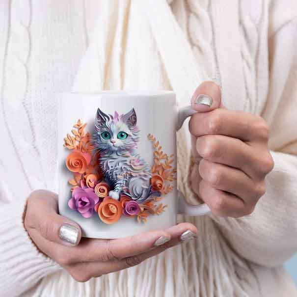 3D Kitten and flowers coffee mug