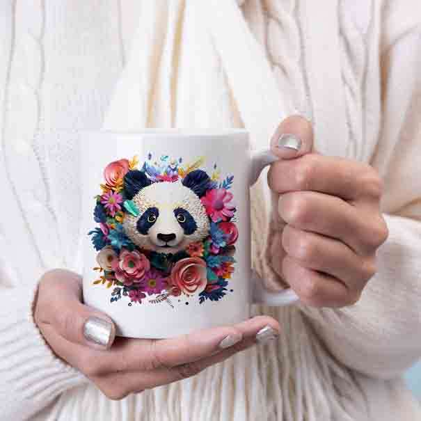 3D Panda bear and flowers coffee mug