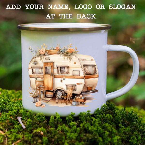 Enamel mug camper flowers and chairs