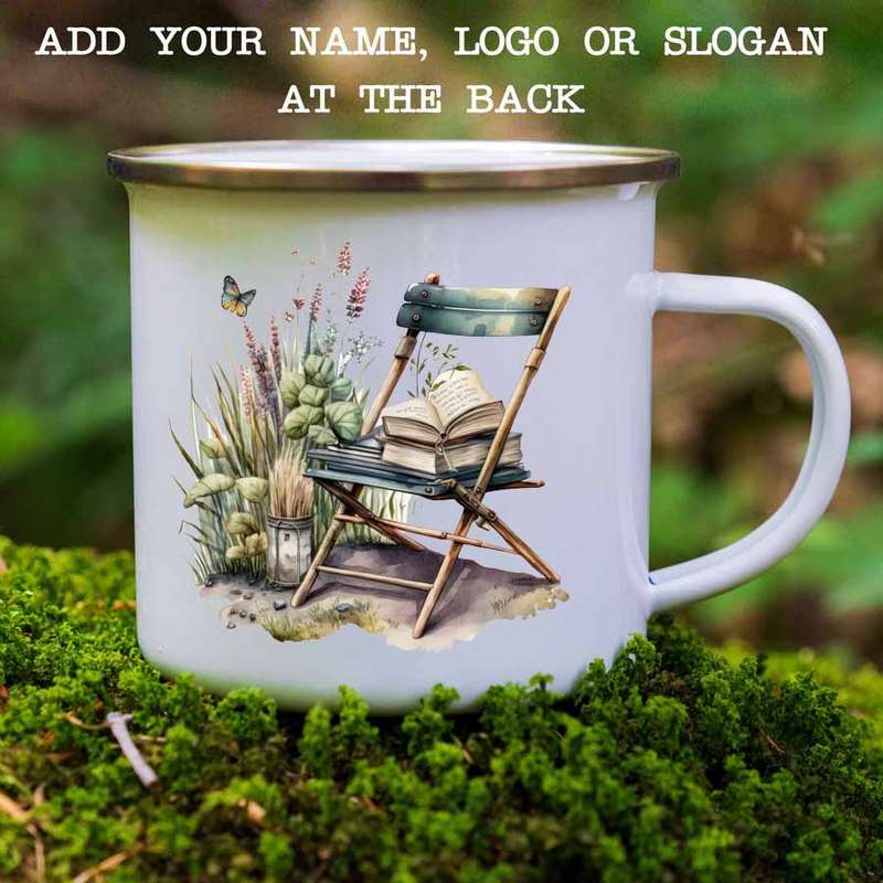 Enamel mug chair and book