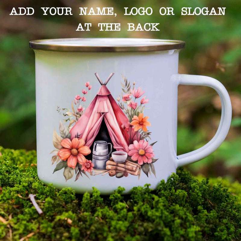 Enamel mug pink tent and flowers 2
