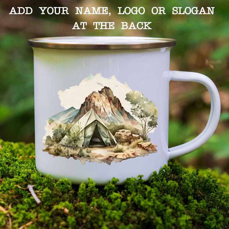 Enamel mug tent and mountain 2