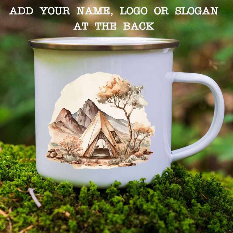 Enamel mug tent and mountain