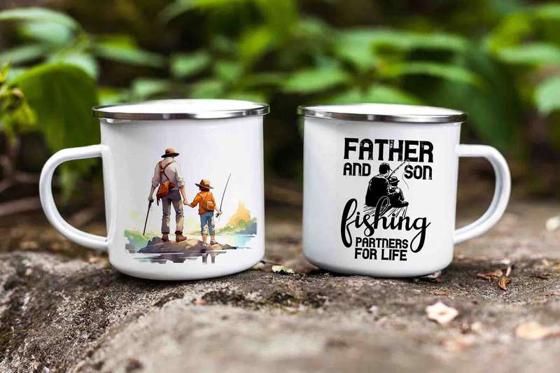 Father and son fishing enamel mug