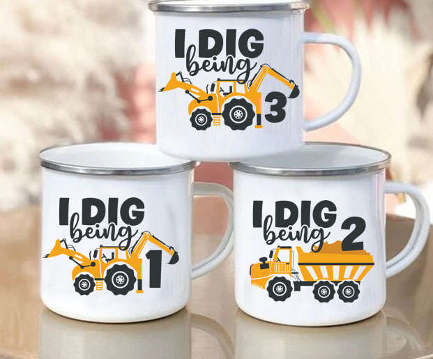 Birthday construction enamel mugs