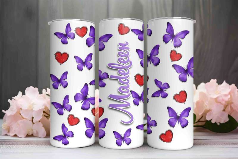 Purple butterflies and hearts tumbler