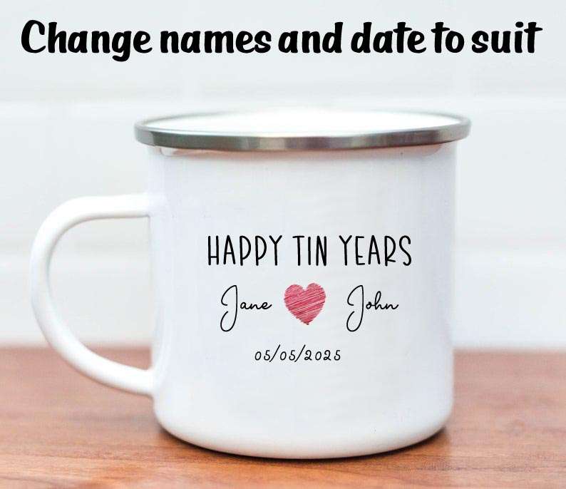 Happy tin year enamel mug