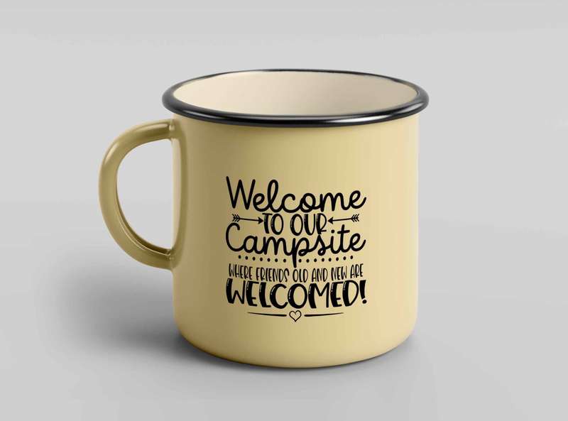 Welcome to our campsite enamel coffee mug