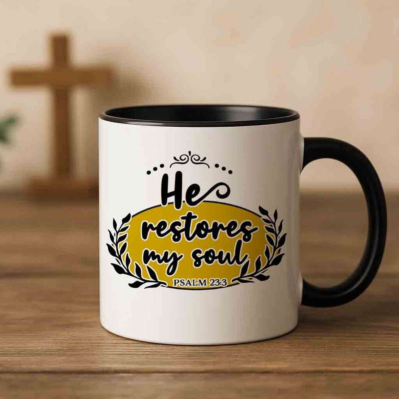 He restores my soul coffee mug
