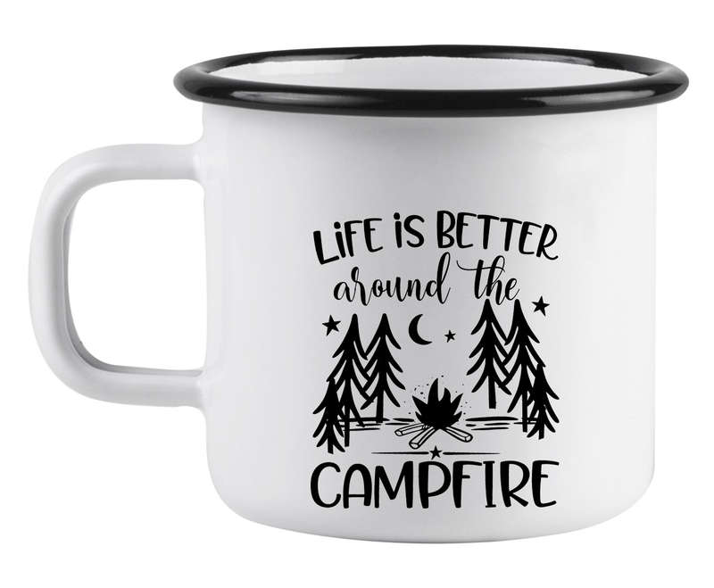 Life is better around the campfire white enamel mug