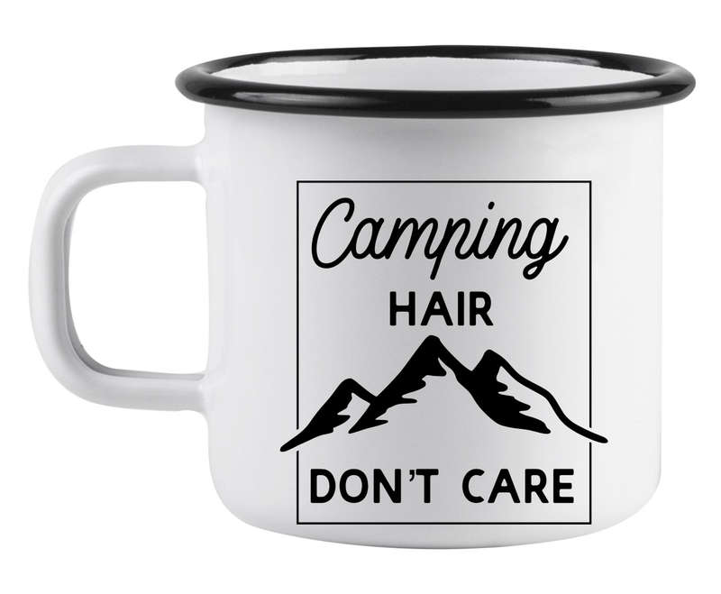 Camping hair don't care white enamel mug