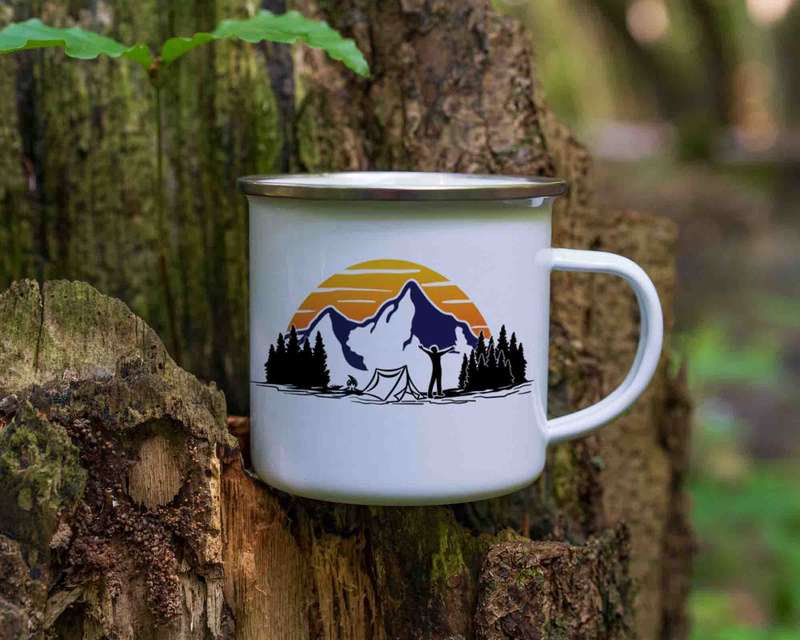 Camping enamel tin mug sunset
