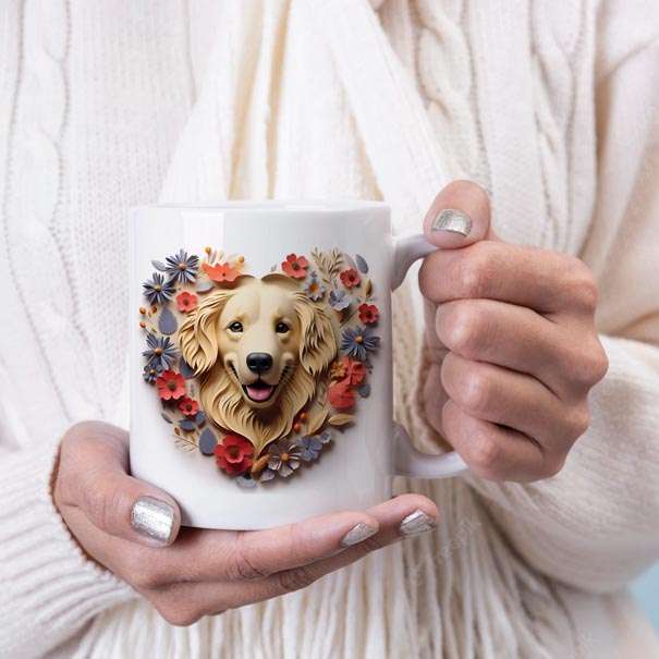 3D Dog and flowers coffee mug 3