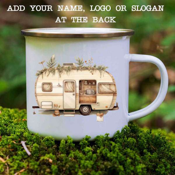 Enamel mug caravan and flowers