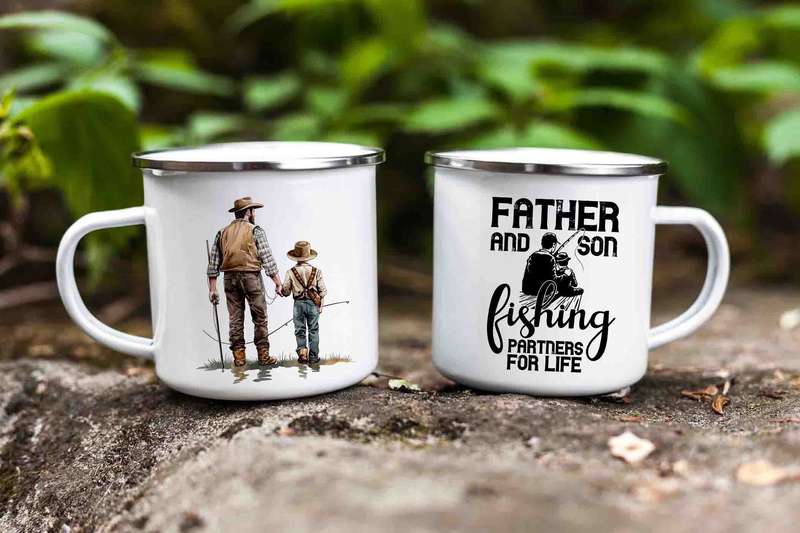Father and son fishing enamel mug 2