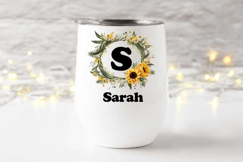 Wine tumbler sunflower initial and name