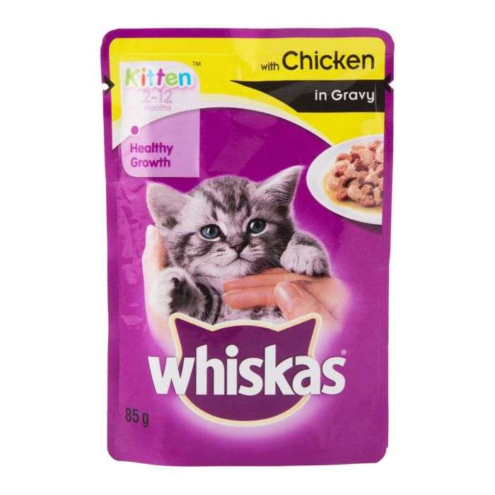 BULK PACK 48 X WHISKAS CAT FOOD POUCH KITTEN POULTRY IN GRAY 85G