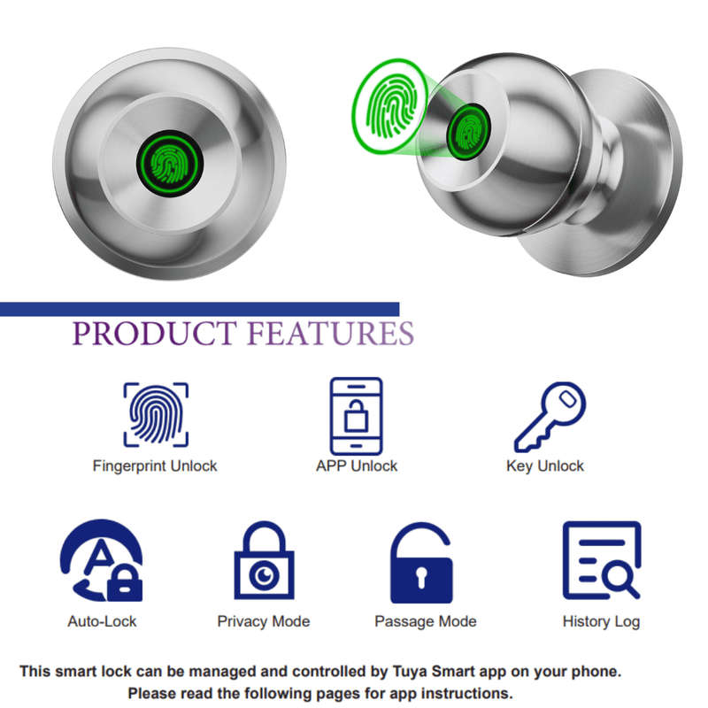 Tuya Smart Fingerprint Door Knob  Silver K10 Model