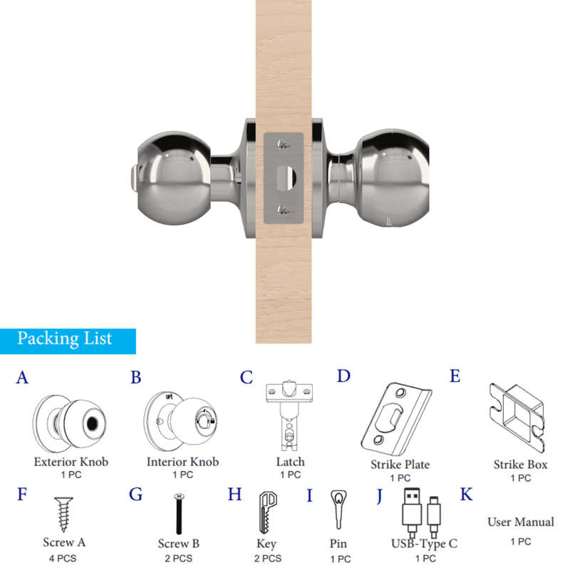Tuya Smart Fingerprint Door Knob  Silver K10 Model
