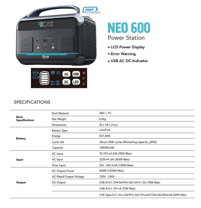 Daranener Neo 600W 537Wh Portable Solar Generator With Sa Plugs