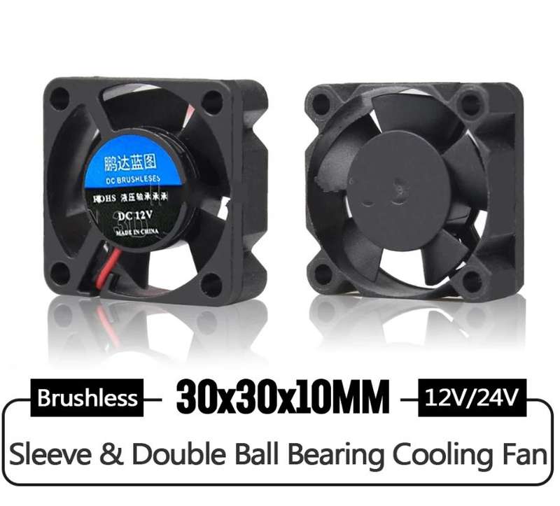 DC Cooling Fan 12V - 30 x 30 x 10mm - Dual ball bearings with Heatsink