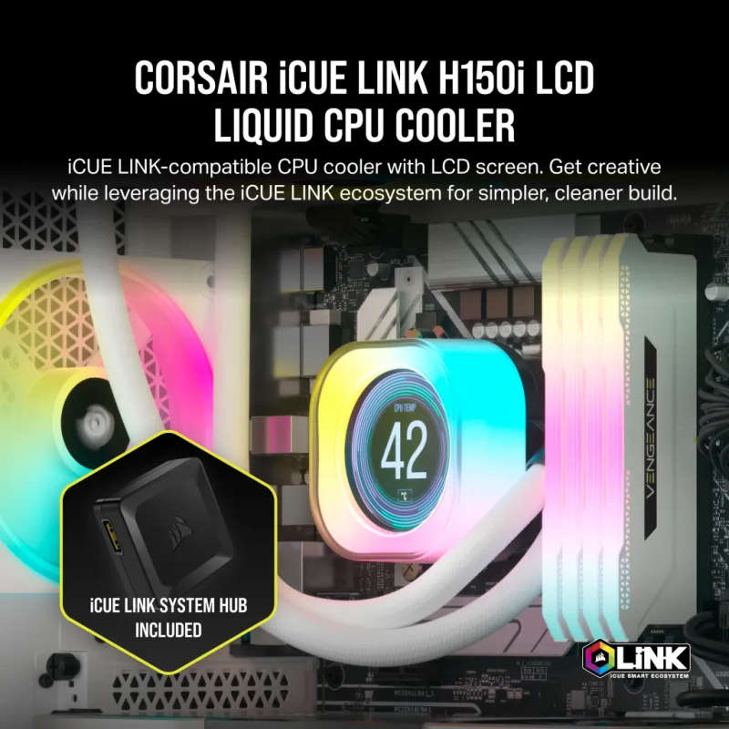 CORSAIR iCUE LINK H150i LCD Liquid CPU Cooler - QX120 RGB Fans - White - 360mm Radiator - Fits In...