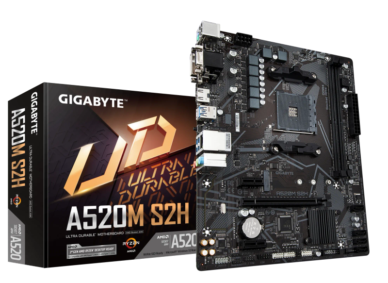 GIGABYTE Motherboard AMD A520M-S2H - 3rd/4th/5th Gen Ryzen, 2x DDR4, 1x M2, HDMI, DVI, VGA