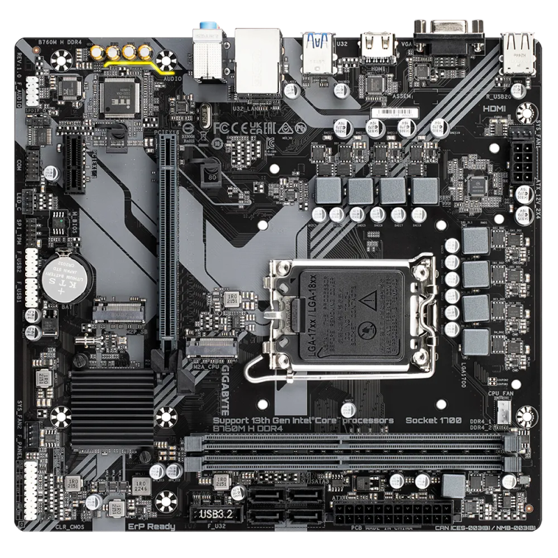 GIGABYTE Motherboard Intel B760 Chipset for LGA 1700 - 2x DDR4, 2x M2, VGA/HDMI, mATX